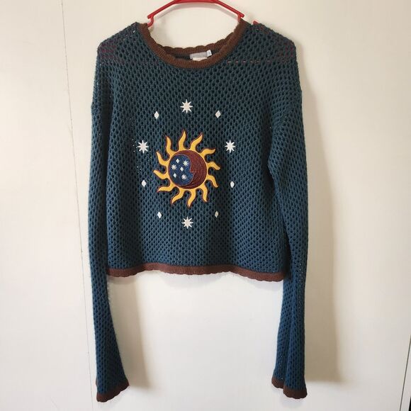 Earthbound Trading Co Celestial Open Knit Sweater Green XL Hippie Boho Cropped - Picture 2 of 9